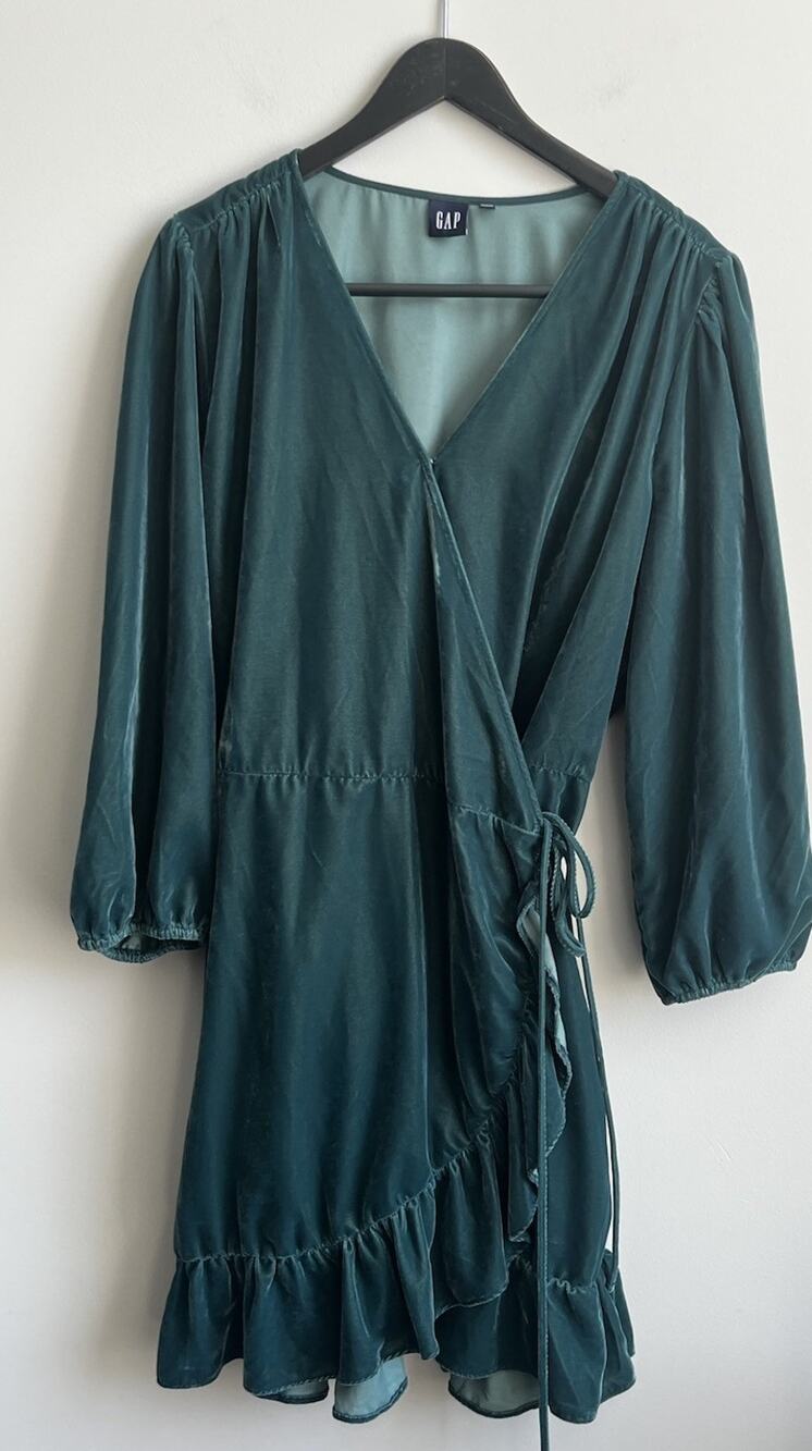 GAP Velvet Wrap Mini Dress Womens XXL Tall Green Ruffle Long Sleeve